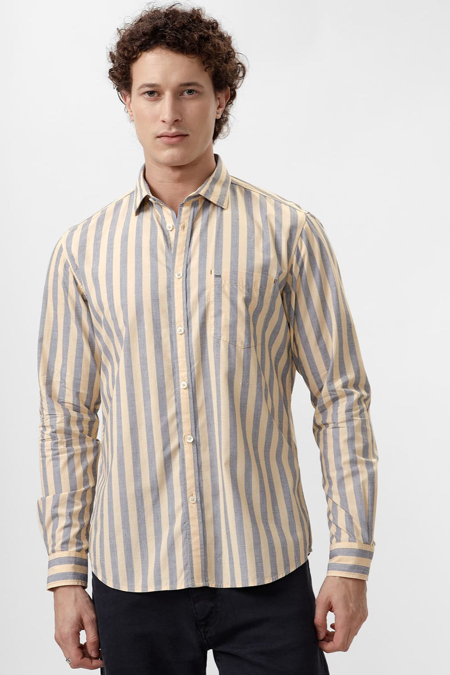 BASICS SLIM FIT IMPALA YELLOW COTTON STRIPE SHIRT