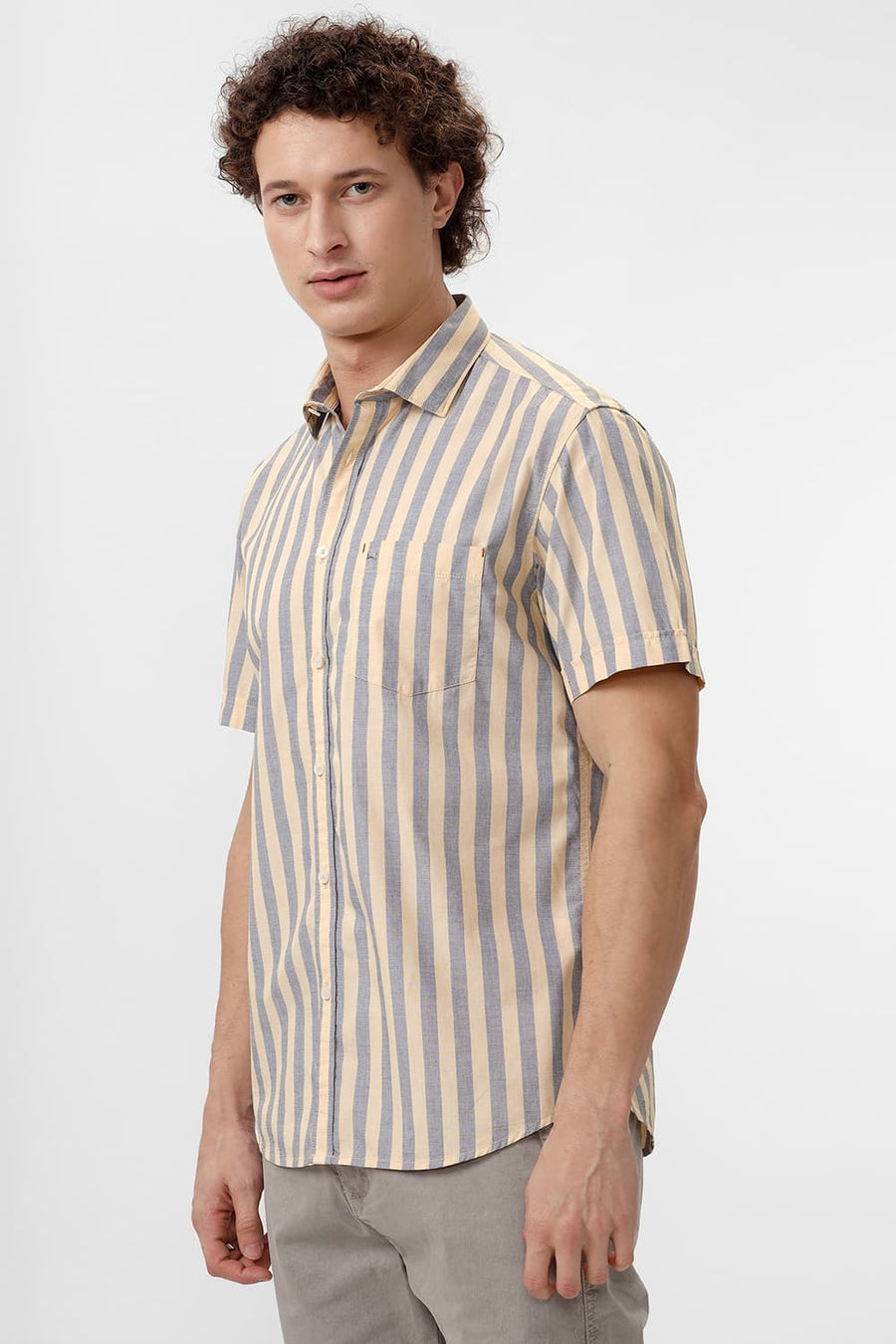 BASICS SLIM FIT IMPALA YELLOW COTTON STRIPE HALFSLEEVES SHIRT