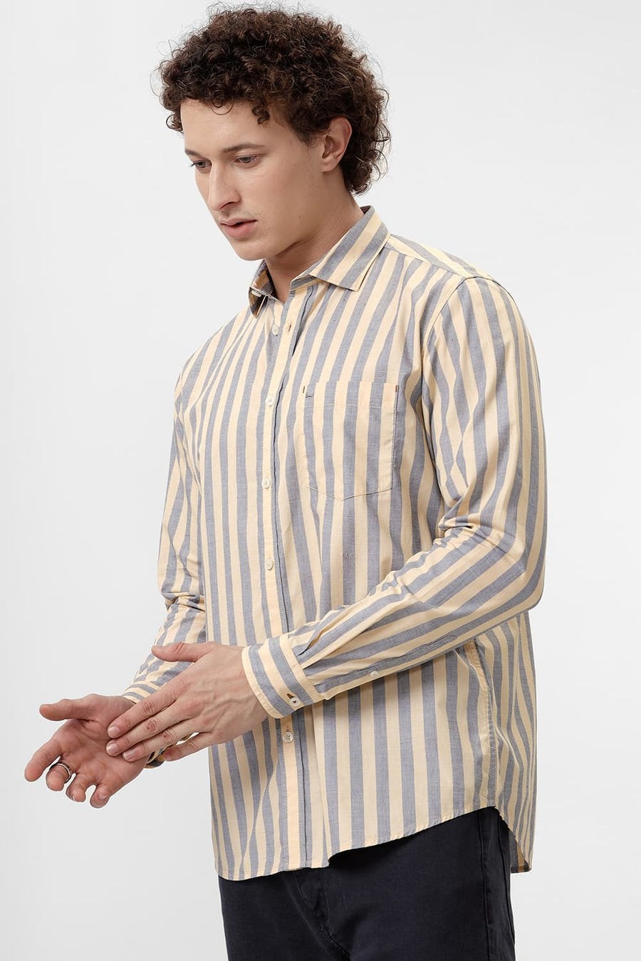 BASICS SLIM FIT IMPALA YELLOW COTTON STRIPE SHIRT