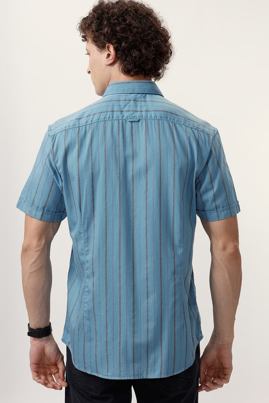 BASICS SLIM FIT NIAGARA BLUE COTTON GRINDLE STRIPE HALFSLEEVES SHIRT