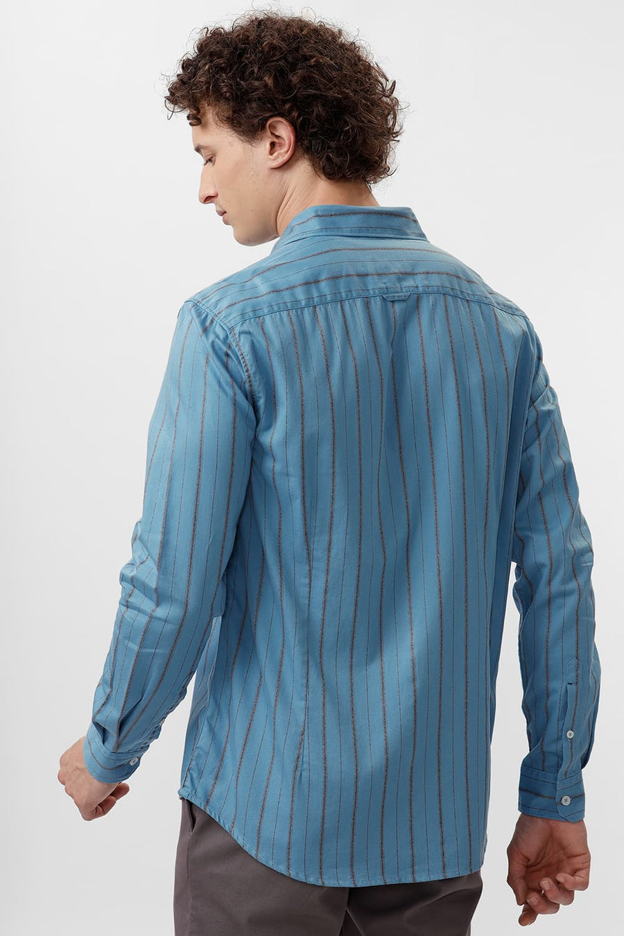 BASICS SLIM FIT NIAGARA BLUE COTTON GRINDLE STRIPE SHIRT
