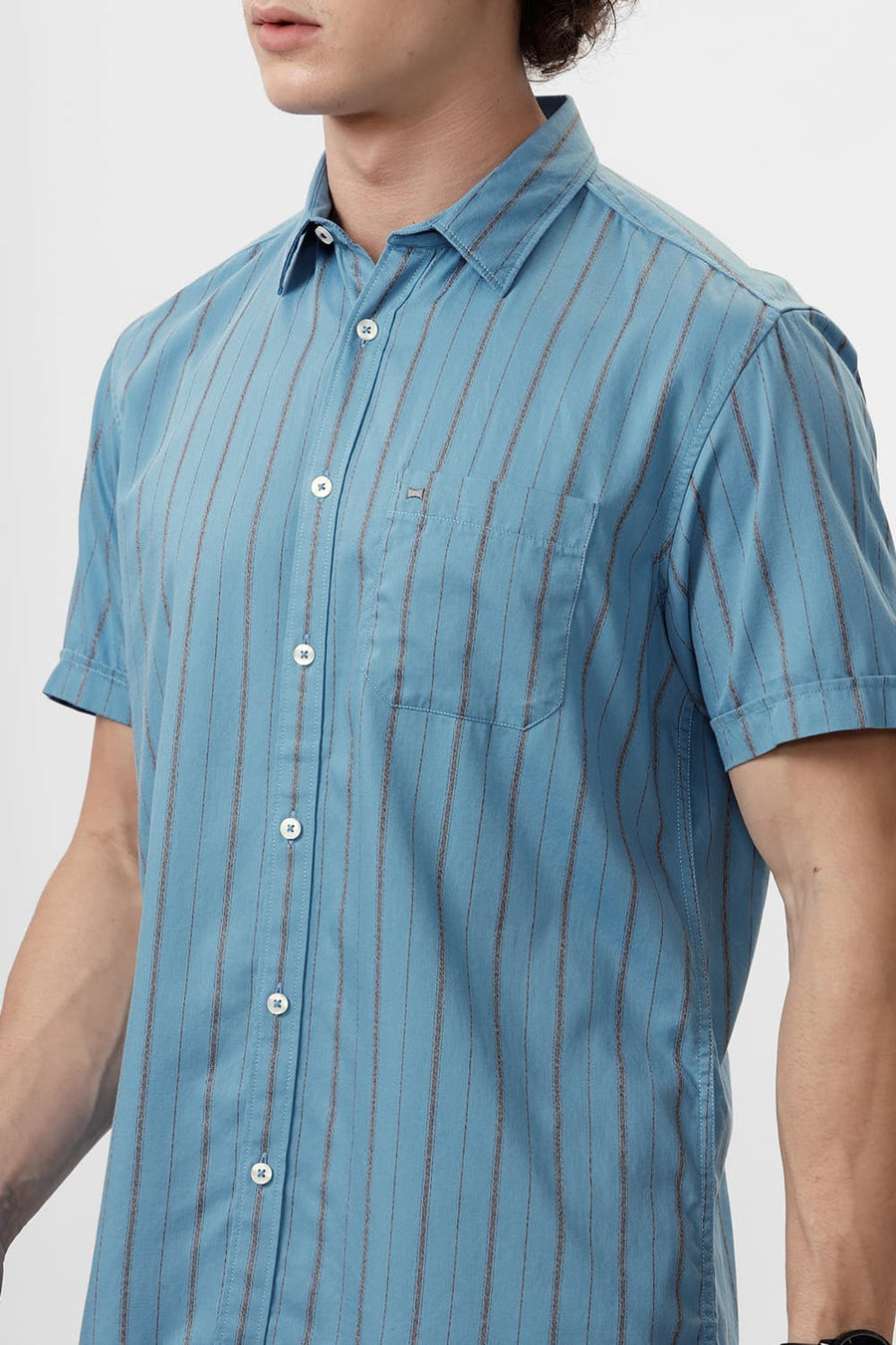 BASICS SLIM FIT NIAGARA BLUE COTTON GRINDLE STRIPE HALFSLEEVES SHIRT
