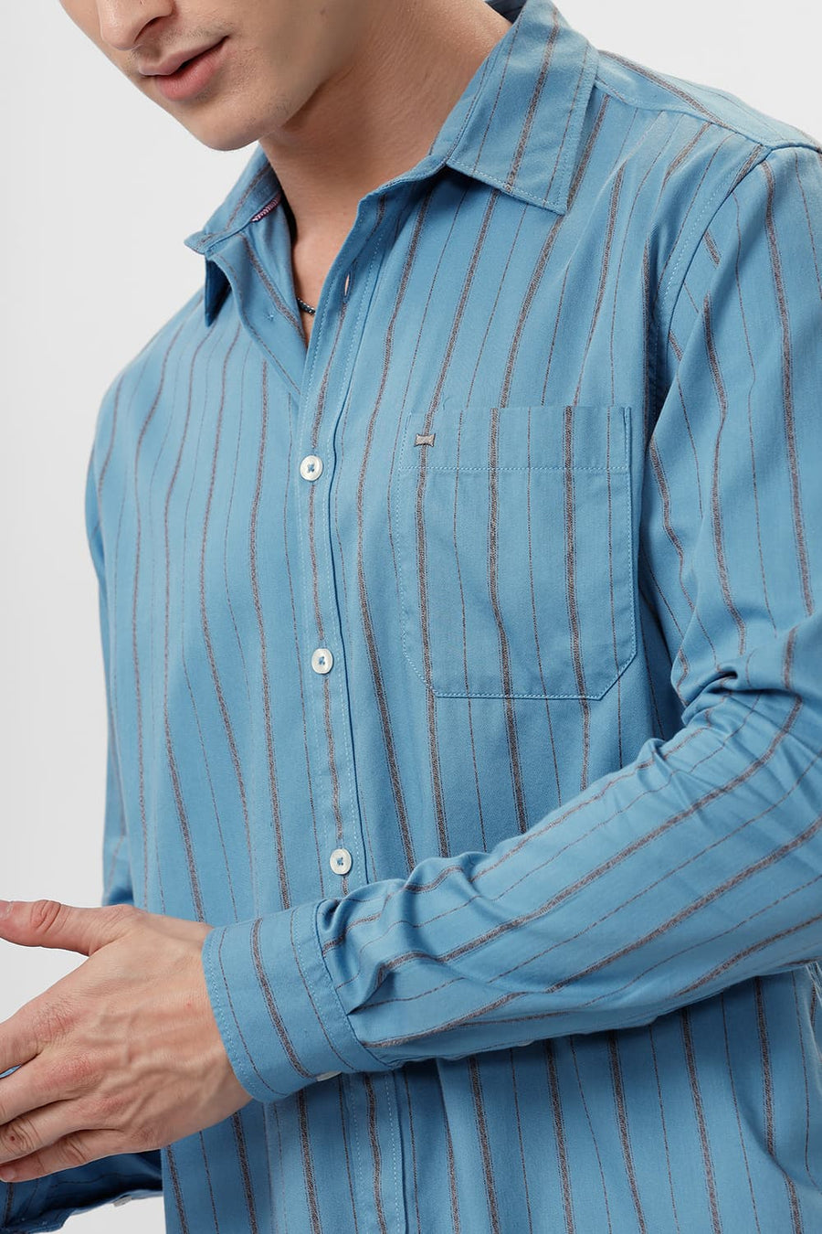 BASICS SLIM FIT NIAGARA BLUE COTTON GRINDLE STRIPE SHIRT
