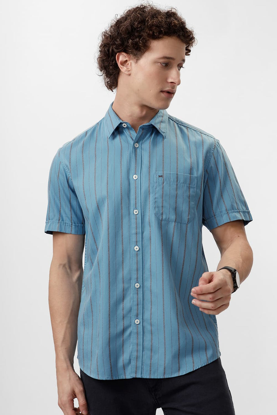 BASICS SLIM FIT NIAGARA BLUE COTTON GRINDLE STRIPE HALFSLEEVES SHIRT