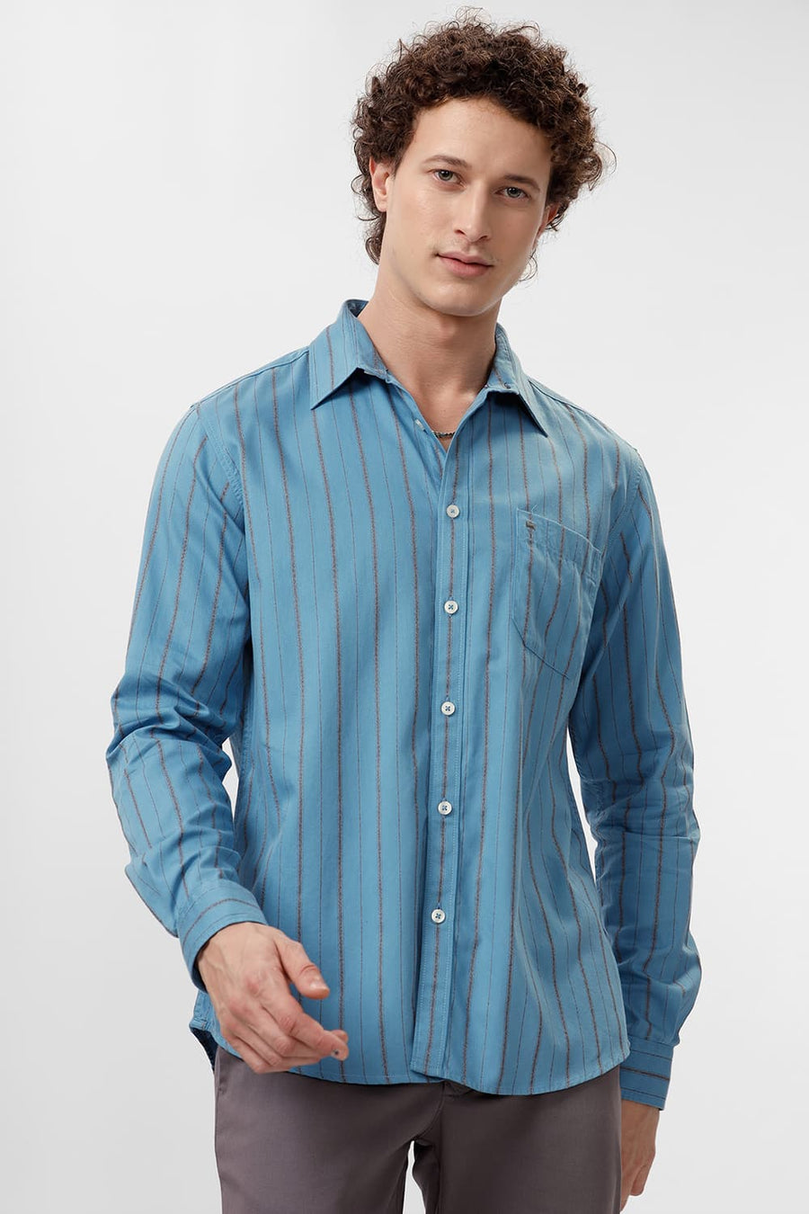 BASICS SLIM FIT NIAGARA BLUE COTTON GRINDLE STRIPE SHIRT