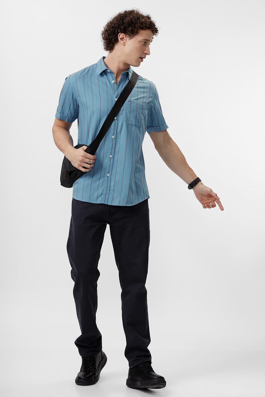 BASICS SLIM FIT NIAGARA BLUE COTTON GRINDLE STRIPE HALFSLEEVES SHIRT