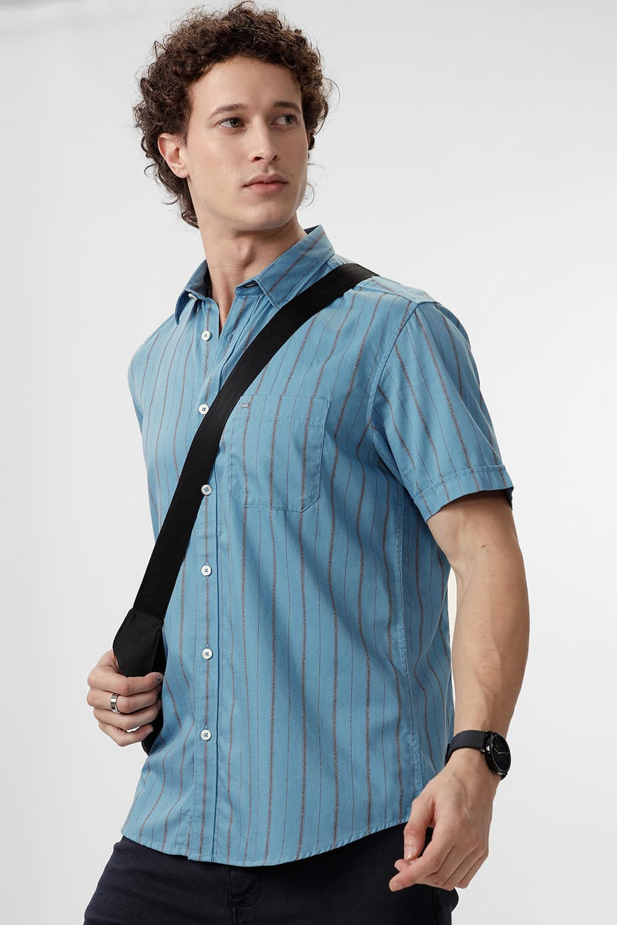 BASICS SLIM FIT NIAGARA BLUE COTTON GRINDLE STRIPE HALFSLEEVES SHIRT