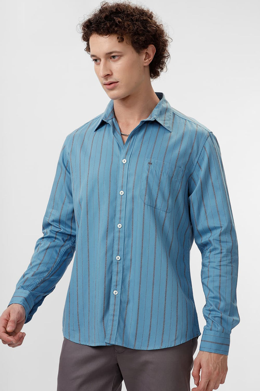 BASICS SLIM FIT NIAGARA BLUE COTTON GRINDLE STRIPE SHIRT