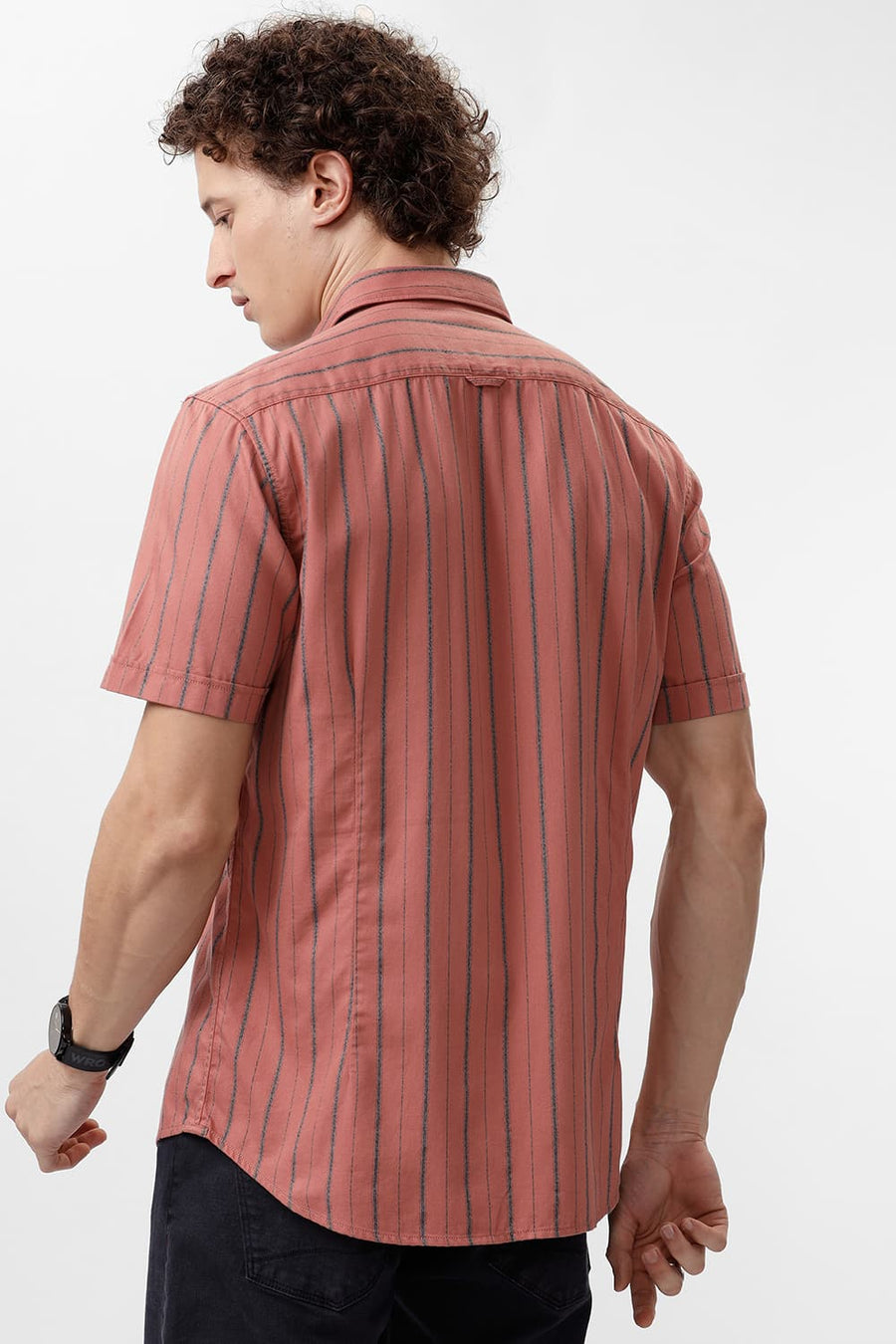 BASICS SLIM FIT BRICK ROSE COTTON GRINDLE STRIPE HALFSLEEVES SHIRT