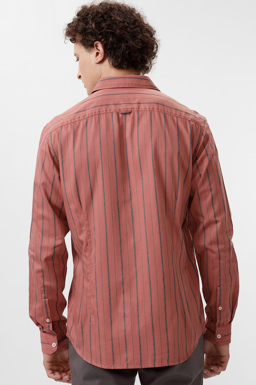 BASICS SLIM FIT BRICK ROSE COTTON GRINDLE STRIPE SHIRT