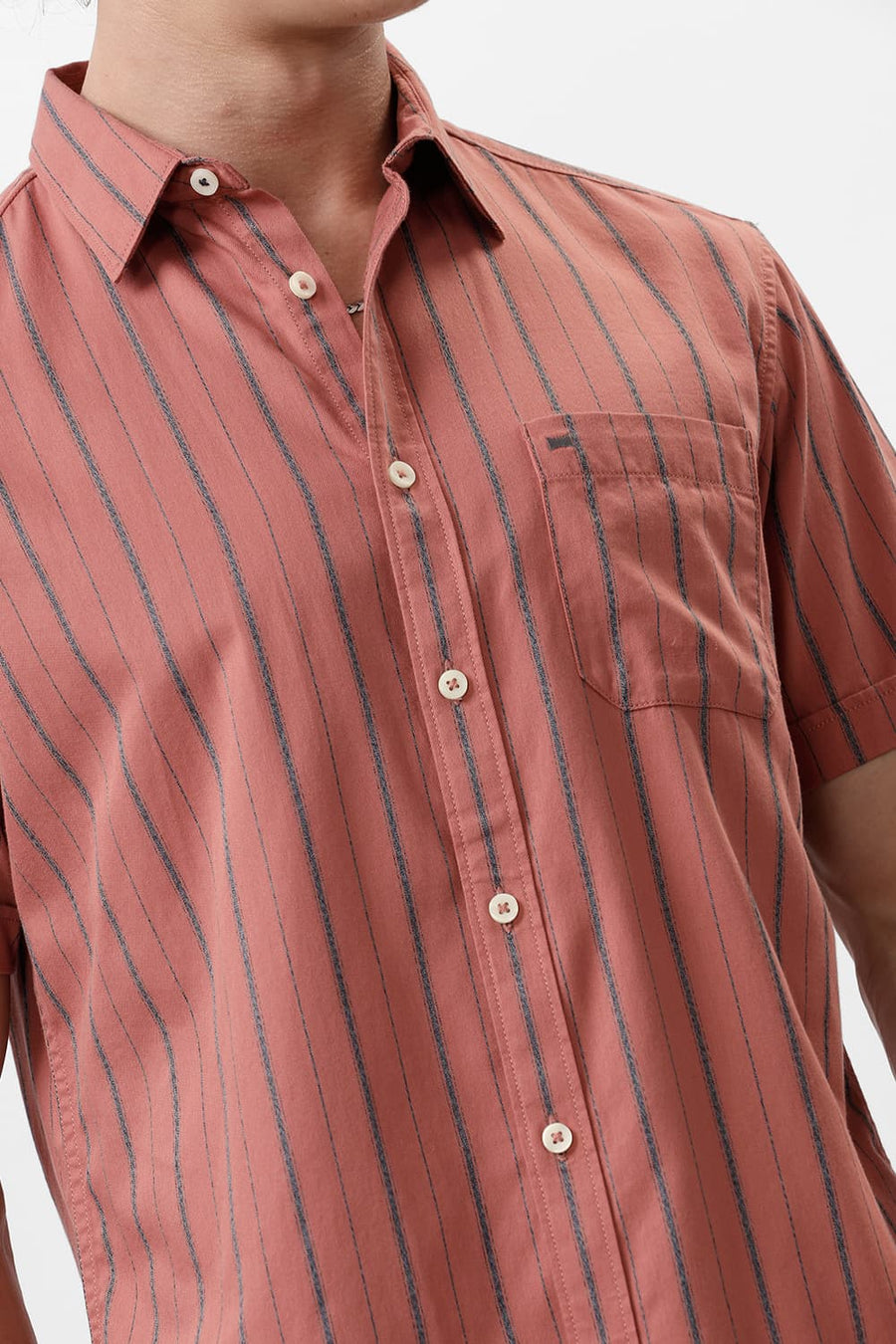 BASICS SLIM FIT BRICK ROSE COTTON GRINDLE STRIPE HALFSLEEVES SHIRT