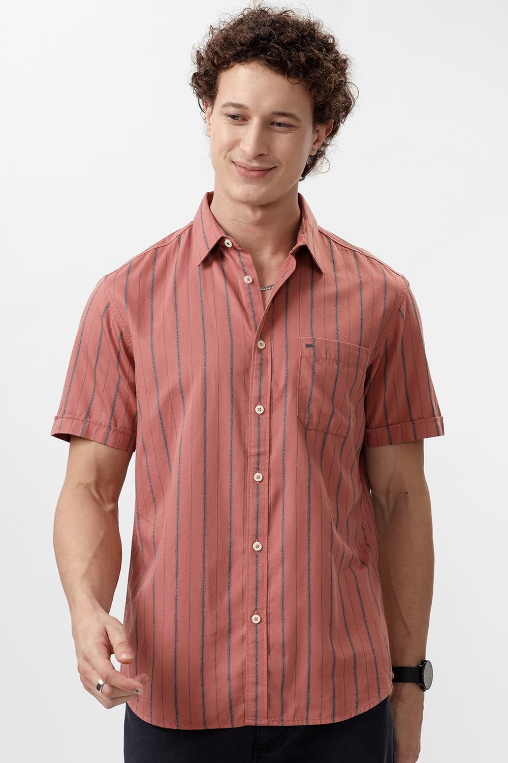 SLIM FIT COTTON GRINDLE STRIPE HALFSLEEVES SHIRT