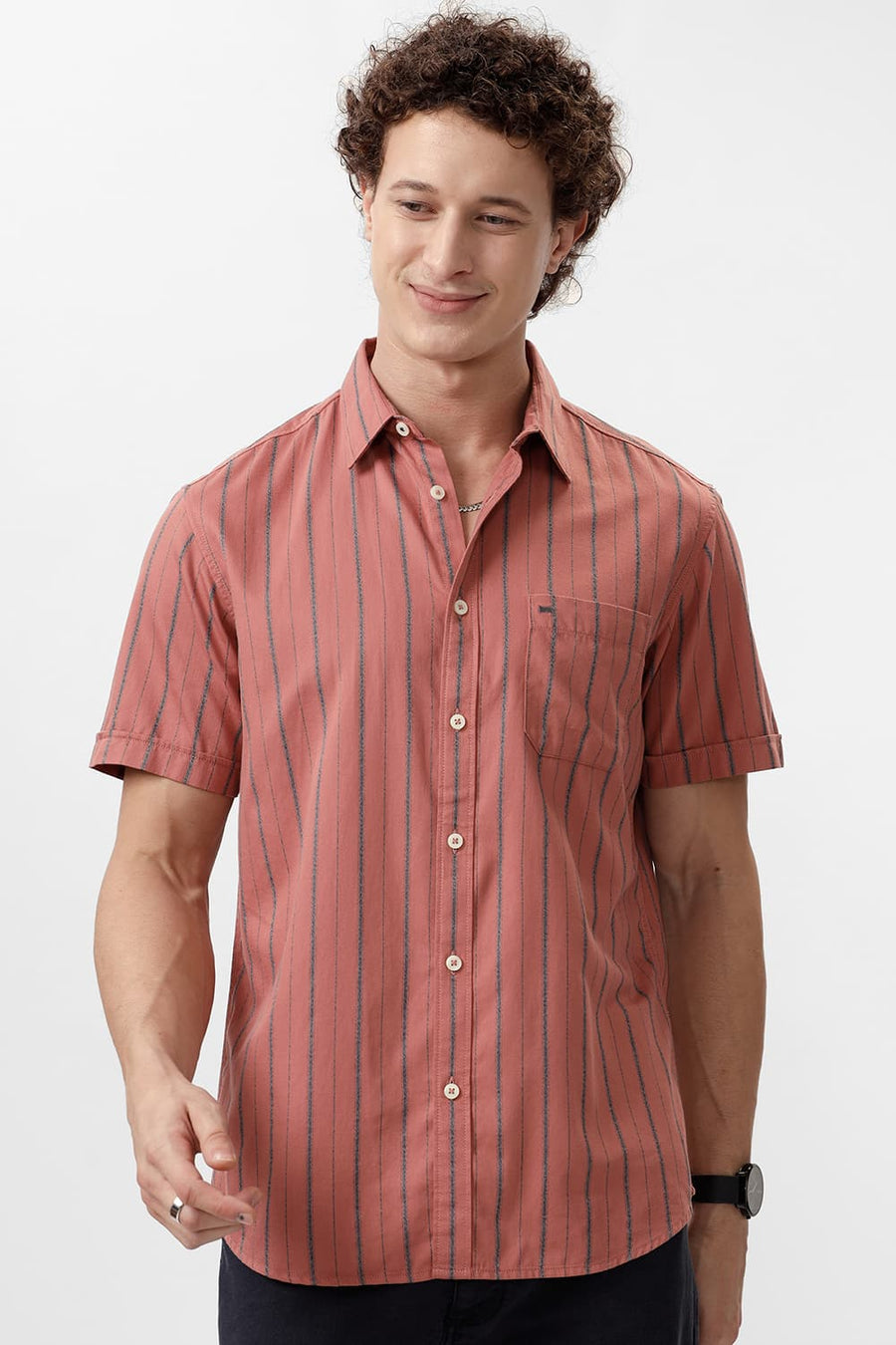 BASICS SLIM FIT BRICK ROSE COTTON GRINDLE STRIPE HALFSLEEVES SHIRT