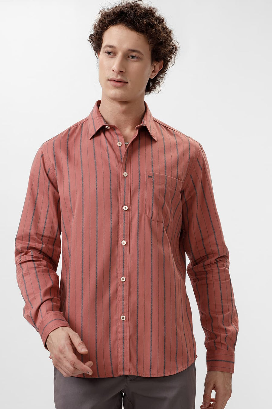 BASICS SLIM FIT BRICK ROSE COTTON GRINDLE STRIPE SHIRT