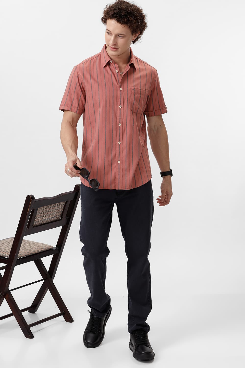 SLIM FIT COTTON GRINDLE STRIPE HALFSLEEVES SHIRT