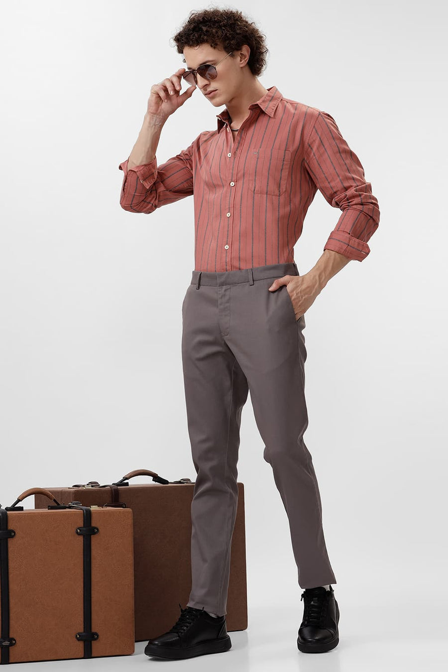 BASICS SLIM FIT BRICK ROSE COTTON GRINDLE STRIPE SHIRT