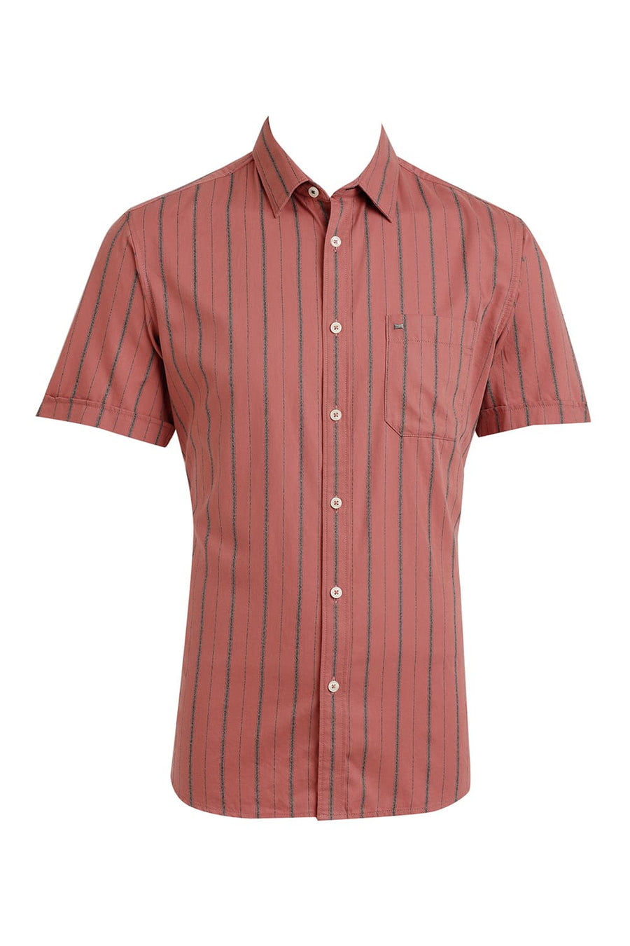 BASICS SLIM FIT BRICK ROSE COTTON GRINDLE STRIPE HALFSLEEVES SHIRT