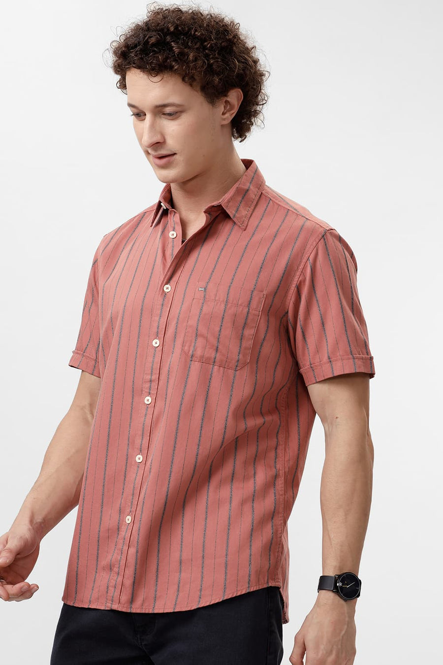 BASICS SLIM FIT BRICK ROSE COTTON GRINDLE STRIPE HALFSLEEVES SHIRT