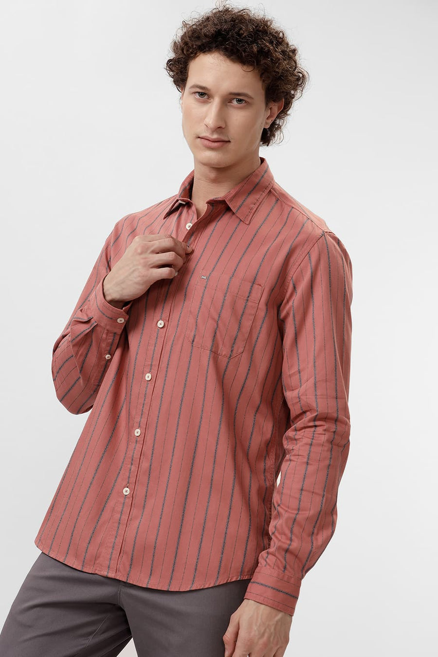 BASICS SLIM FIT BRICK ROSE COTTON GRINDLE STRIPE SHIRT