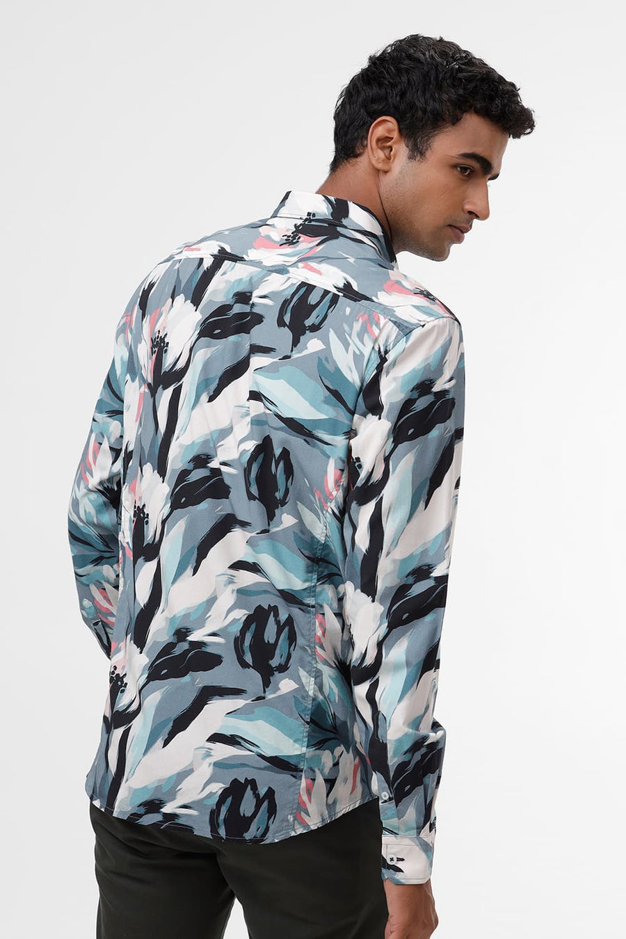 BASICS SLIM FIT TEAL BLUE COTTON VISCOSE DIGITAL PRINTED SHIRT