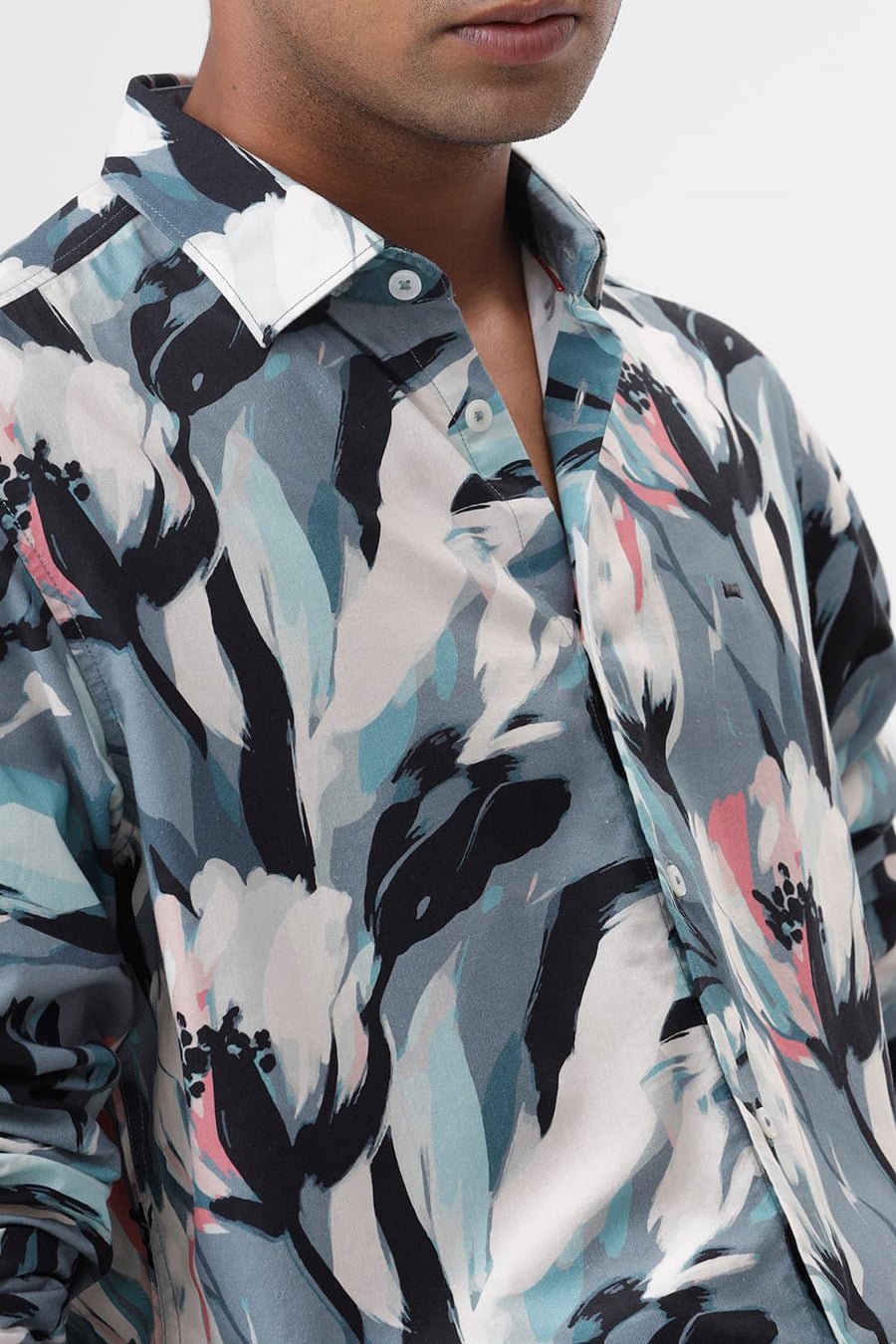 BASICS SLIM FIT TEAL BLUE COTTON VISCOSE DIGITAL PRINTED SHIRT