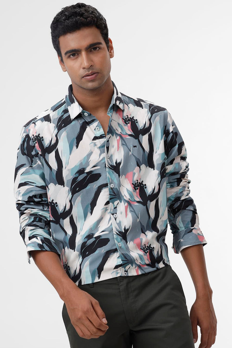 BASICS SLIM FIT TEAL BLUE COTTON VISCOSE DIGITAL PRINTED SHIRT