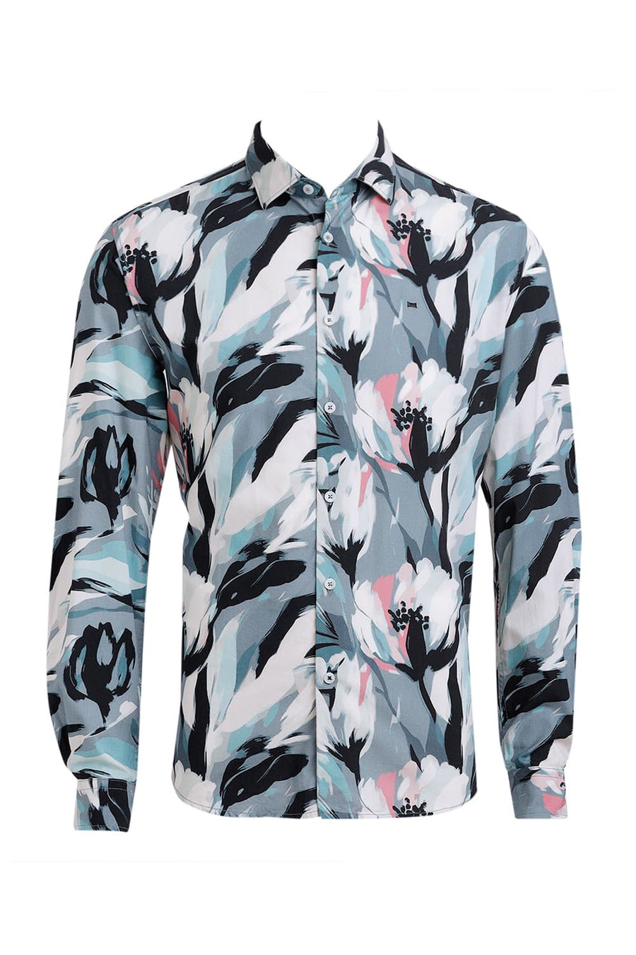BASICS SLIM FIT TEAL BLUE COTTON VISCOSE DIGITAL PRINTED SHIRT