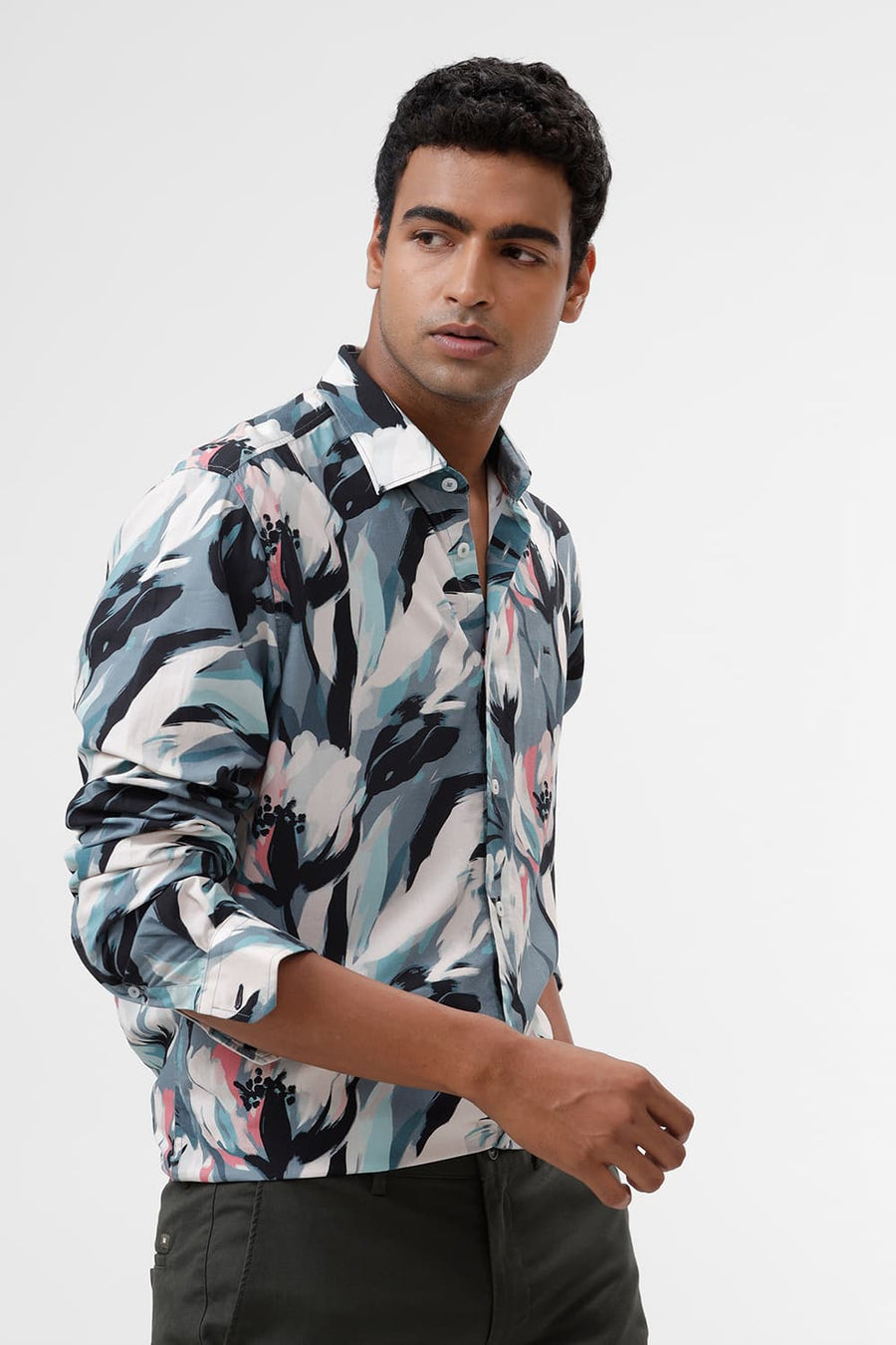 BASICS SLIM FIT TEAL BLUE COTTON VISCOSE DIGITAL PRINTED SHIRT