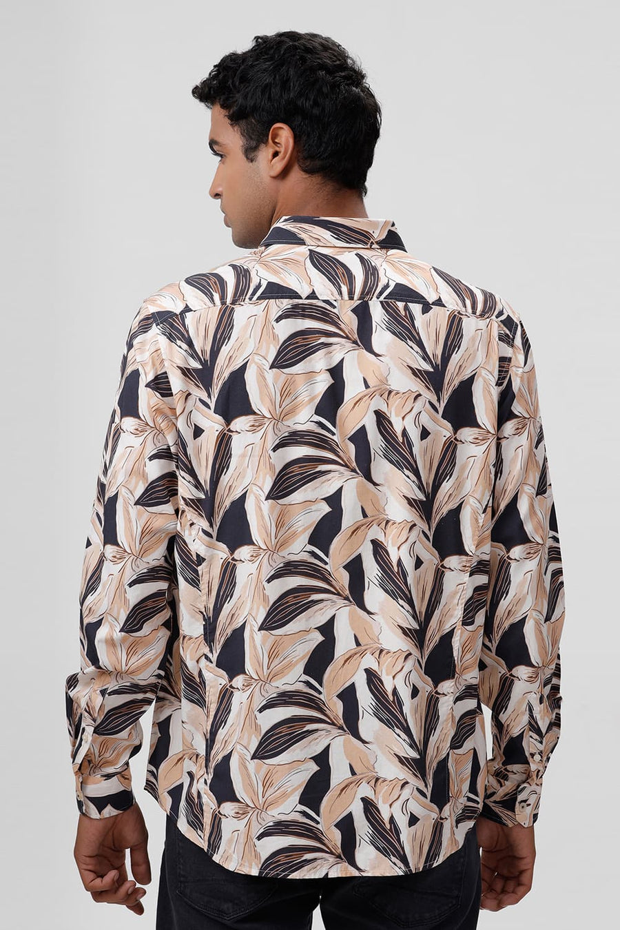 BASICS SLIM FIT BEIGE SAND COTTON VISCOSE DIGITAL PRINTED SHIRT