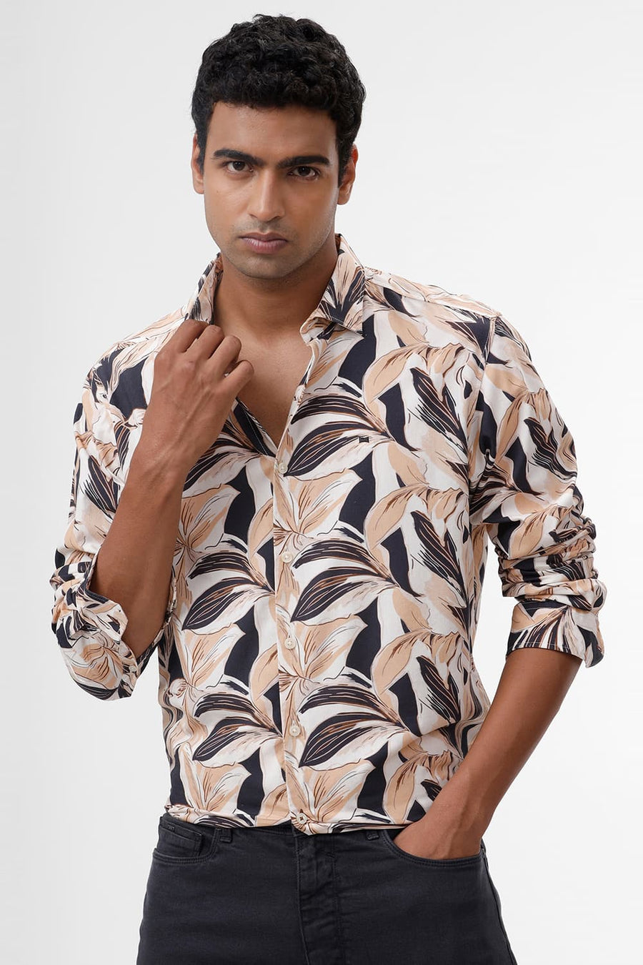 BASICS SLIM FIT BEIGE SAND COTTON VISCOSE DIGITAL PRINTED SHIRT