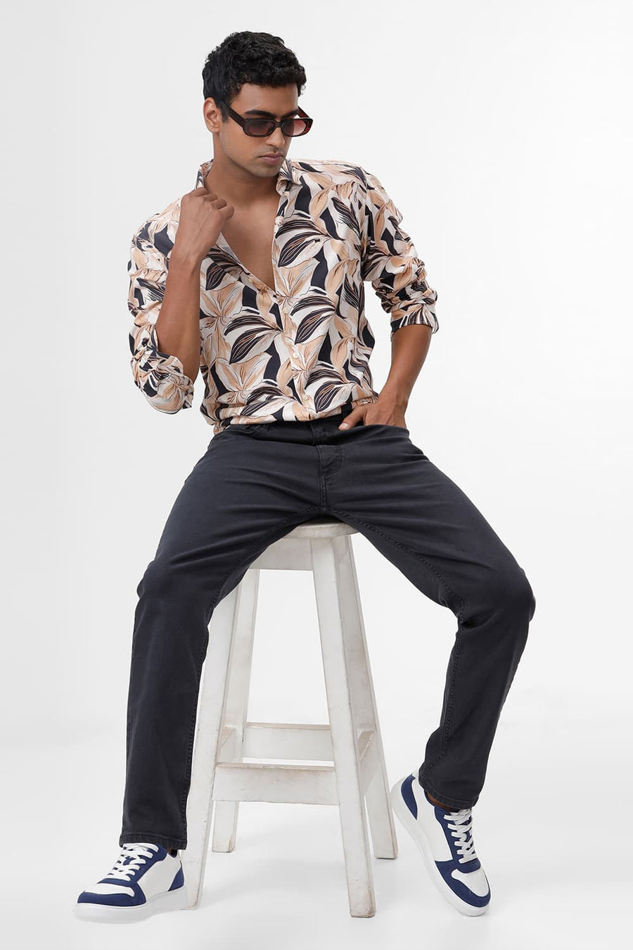 BASICS SLIM FIT BEIGE SAND COTTON VISCOSE DIGITAL PRINTED SHIRT