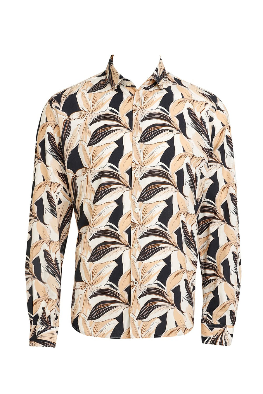 BASICS SLIM FIT BEIGE SAND COTTON VISCOSE DIGITAL PRINTED SHIRT