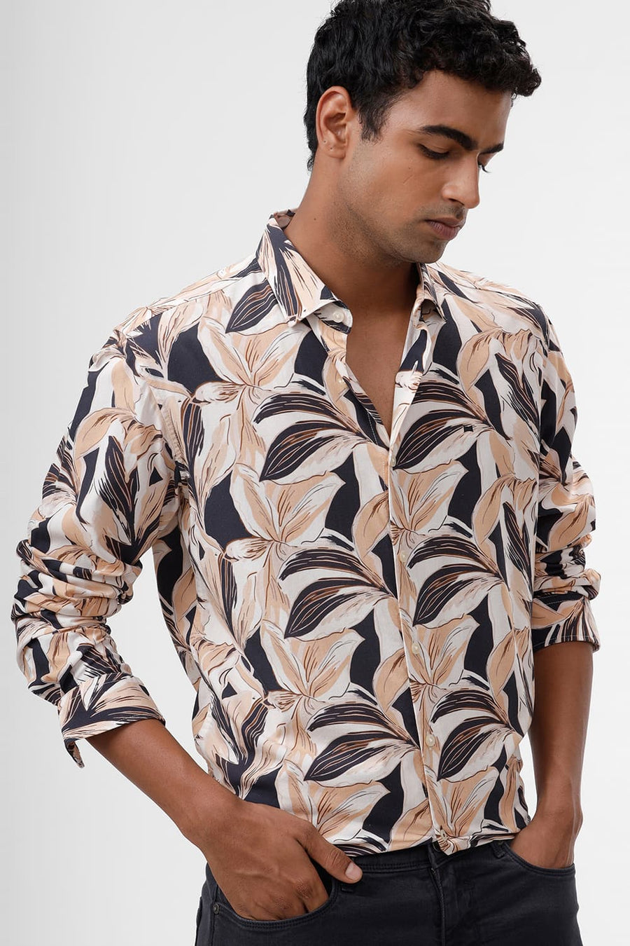 BASICS SLIM FIT BEIGE SAND COTTON VISCOSE DIGITAL PRINTED SHIRT