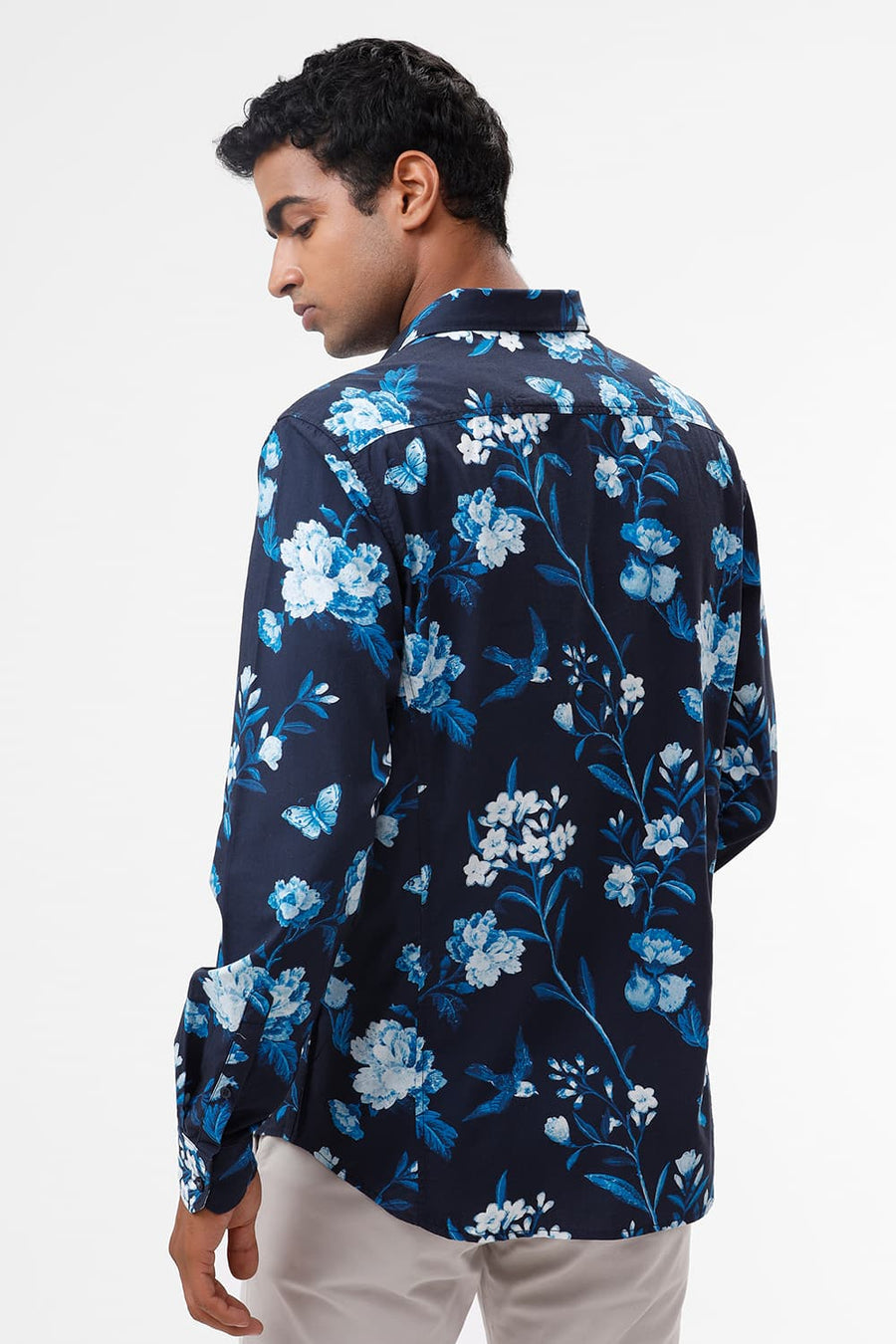BASICS SLIM FIT MOONLIT NAVY COTTON VISCOSE DIGITAL PRINTED SHIRT
