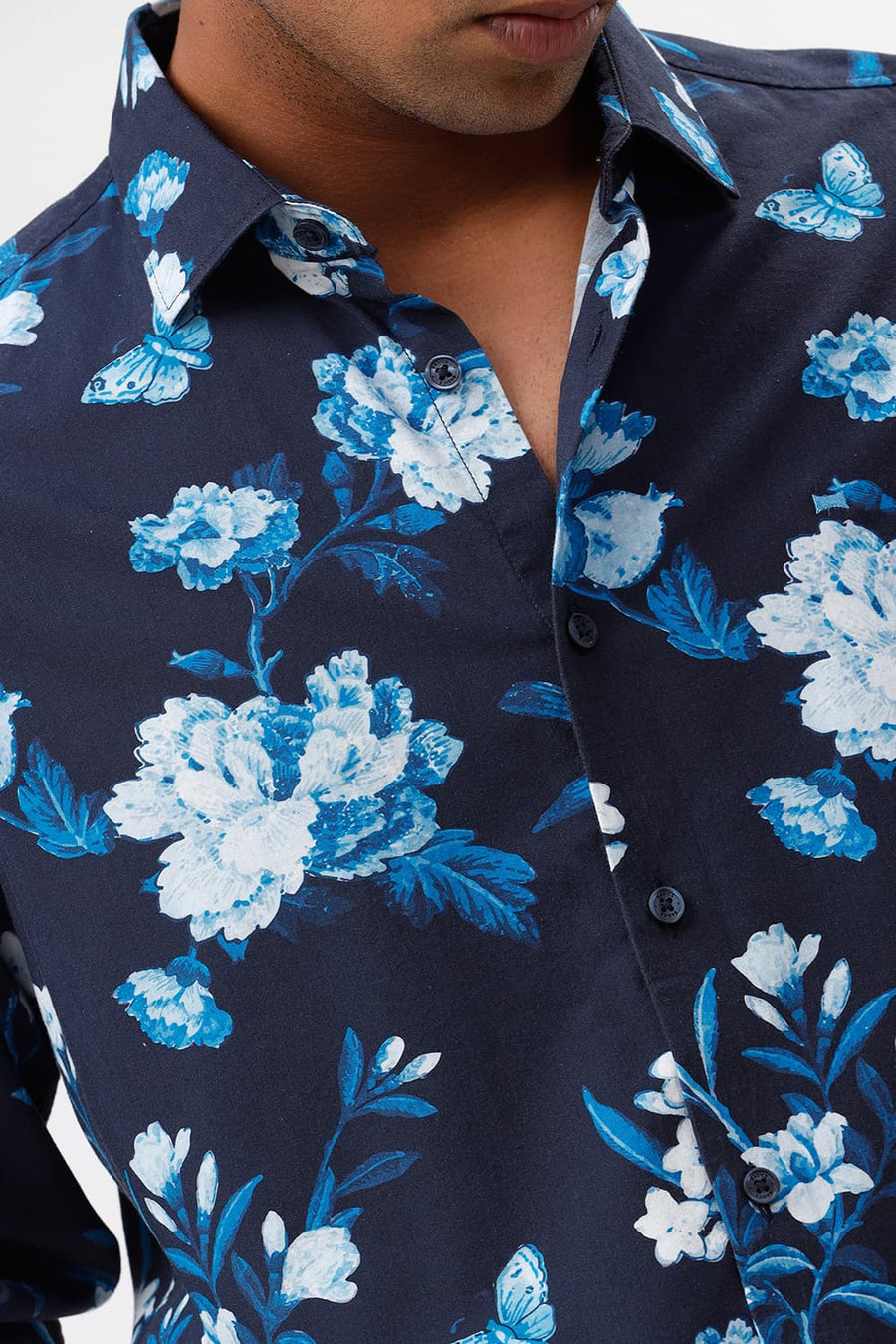 BASICS SLIM FIT MOONLIT NAVY COTTON VISCOSE DIGITAL PRINTED SHIRT