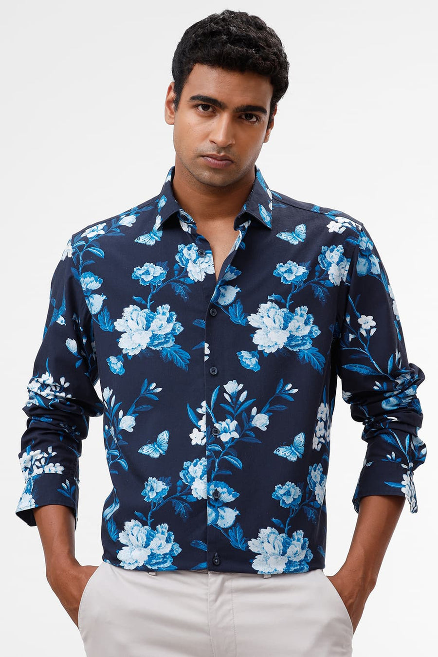 BASICS SLIM FIT MOONLIT NAVY COTTON VISCOSE DIGITAL PRINTED SHIRT