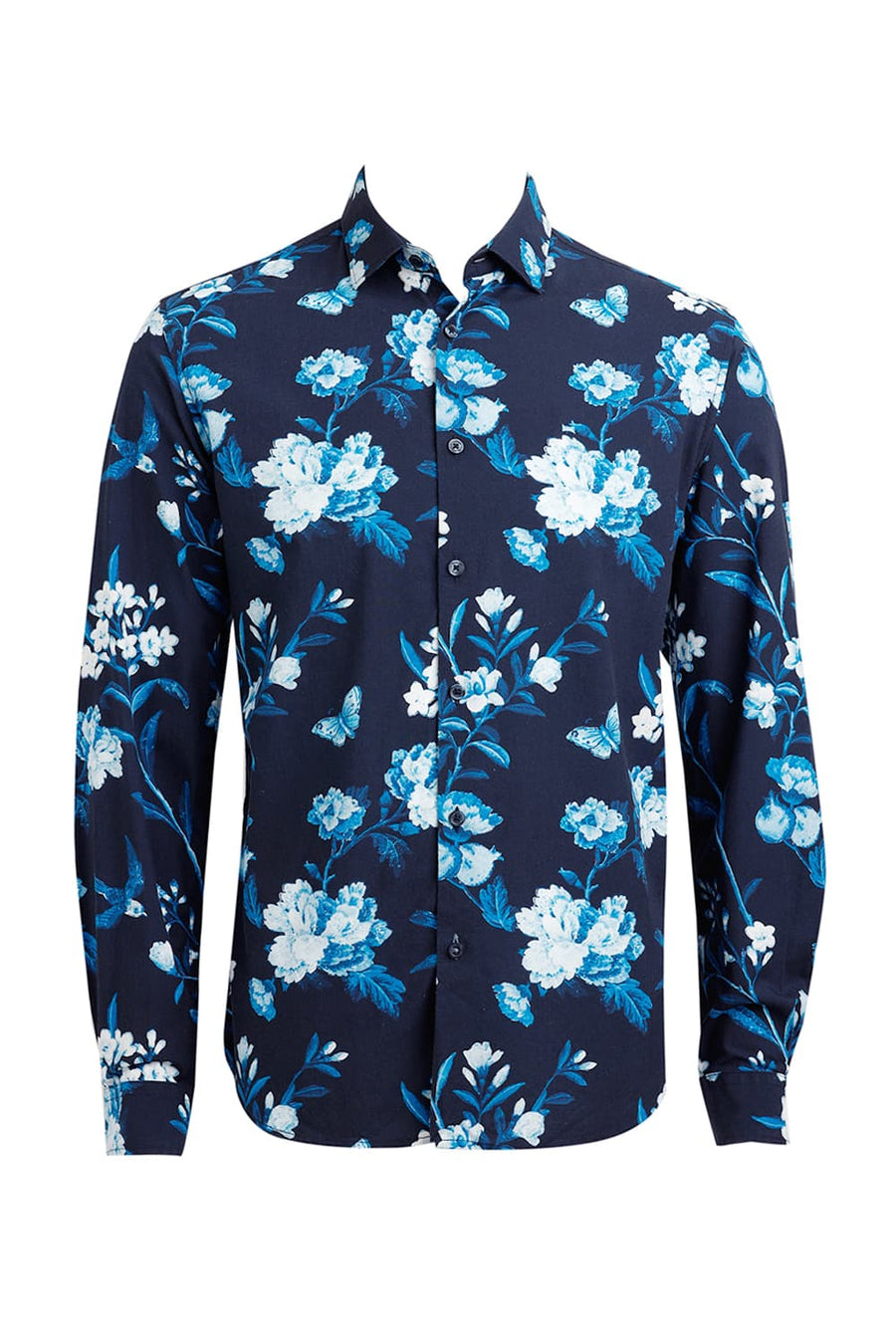 BASICS SLIM FIT MOONLIT NAVY COTTON VISCOSE DIGITAL PRINTED SHIRT