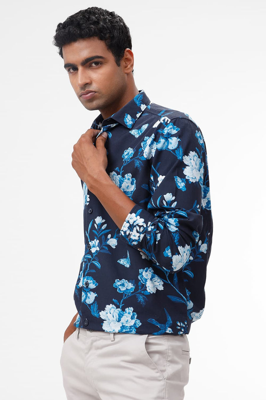BASICS SLIM FIT MOONLIT NAVY COTTON VISCOSE DIGITAL PRINTED SHIRT