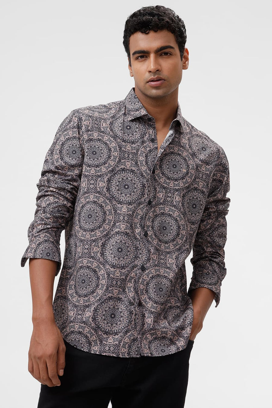BASICS SLIM FIT NAVY BLAZER COTTON VISCOSE DIGITAL PRINTED SHIRT