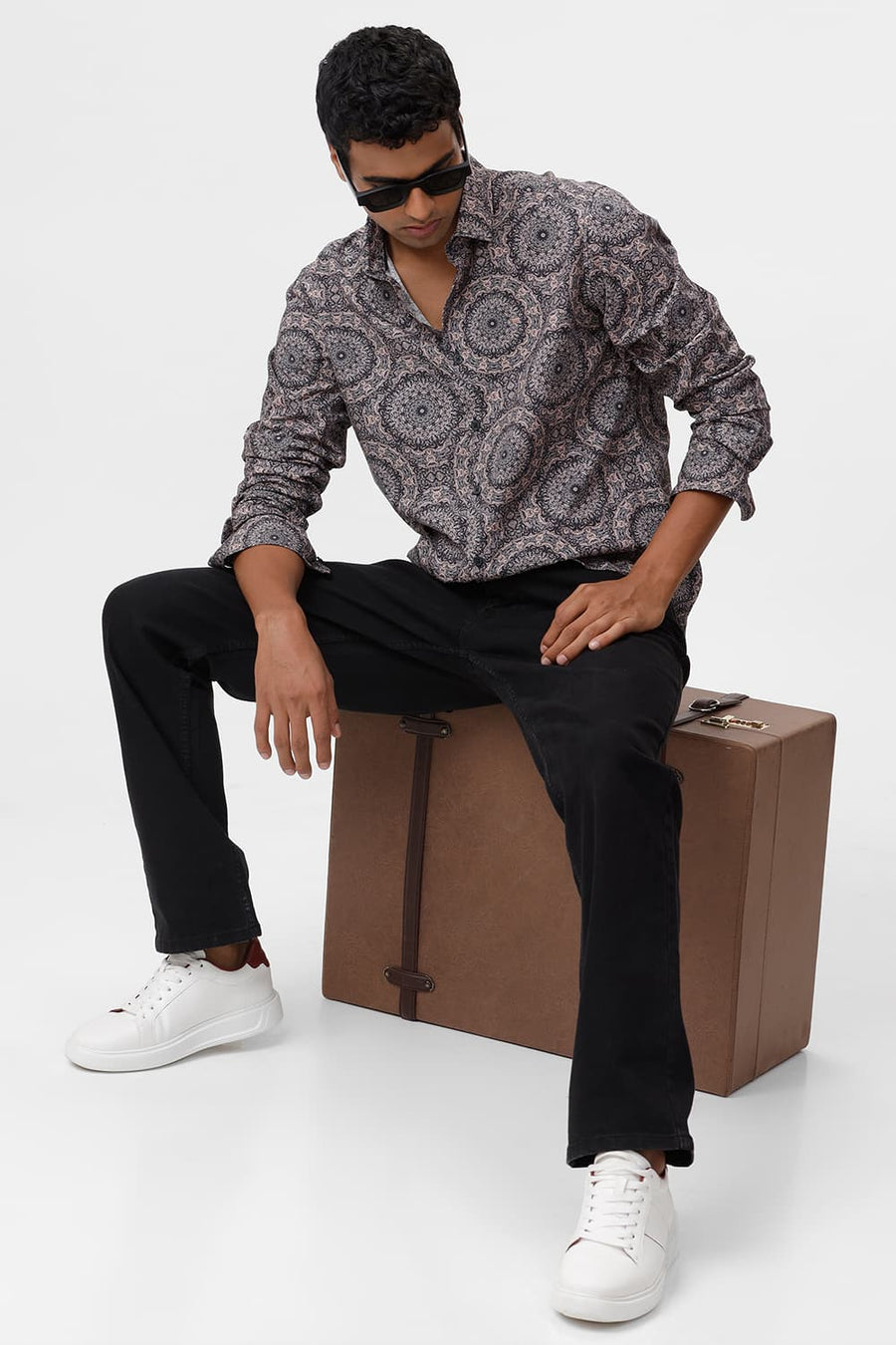 BASICS SLIM FIT NAVY BLAZER COTTON VISCOSE DIGITAL PRINTED SHIRT