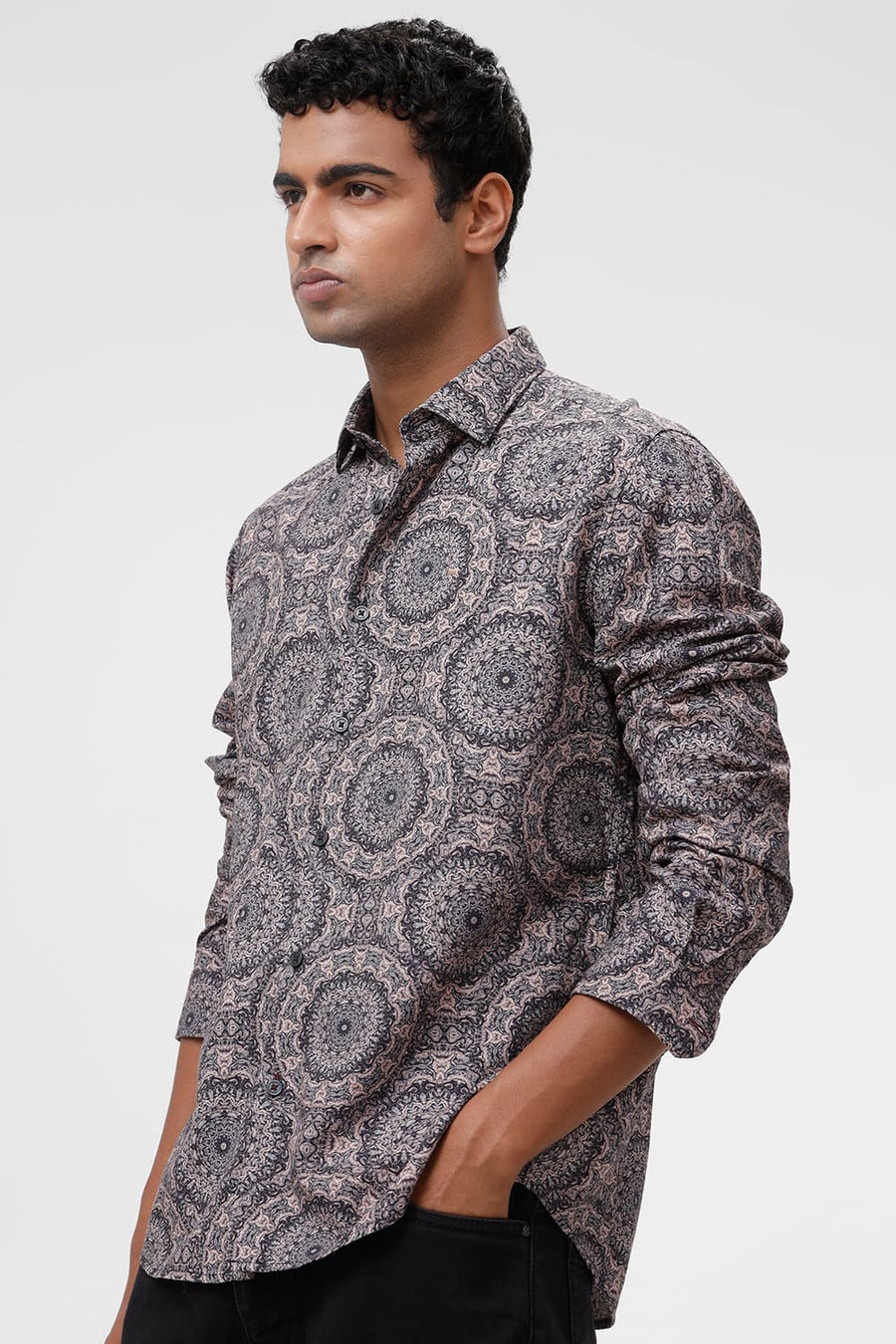 BASICS SLIM FIT NAVY BLAZER COTTON VISCOSE DIGITAL PRINTED SHIRT