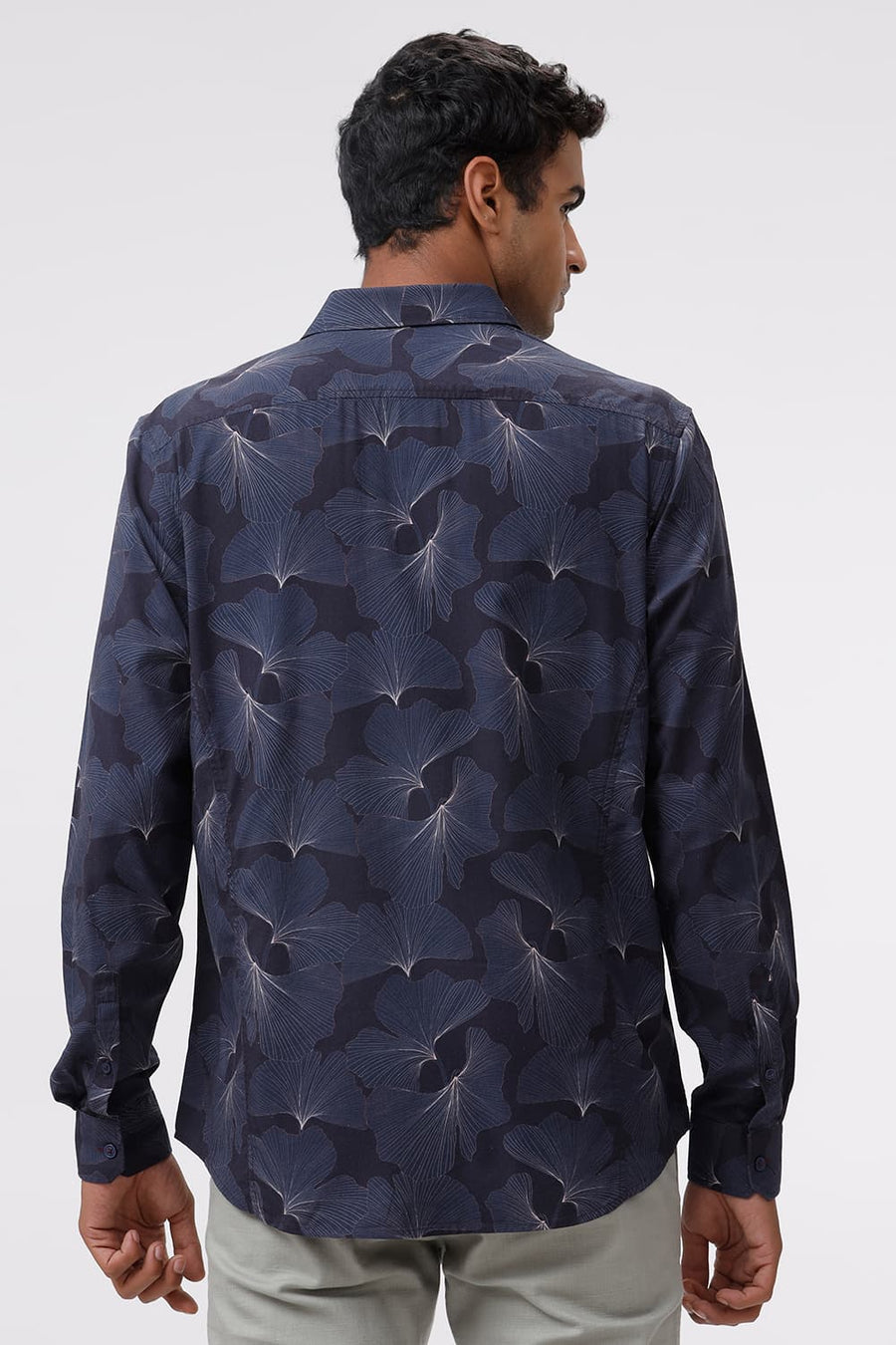 BASICS SLIM FIT SPACE NAVY COTTON VISCOSE DIGITAL PRINTED SHIRT