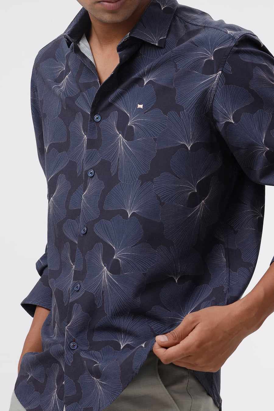 BASICS SLIM FIT SPACE NAVY COTTON VISCOSE DIGITAL PRINTED SHIRT