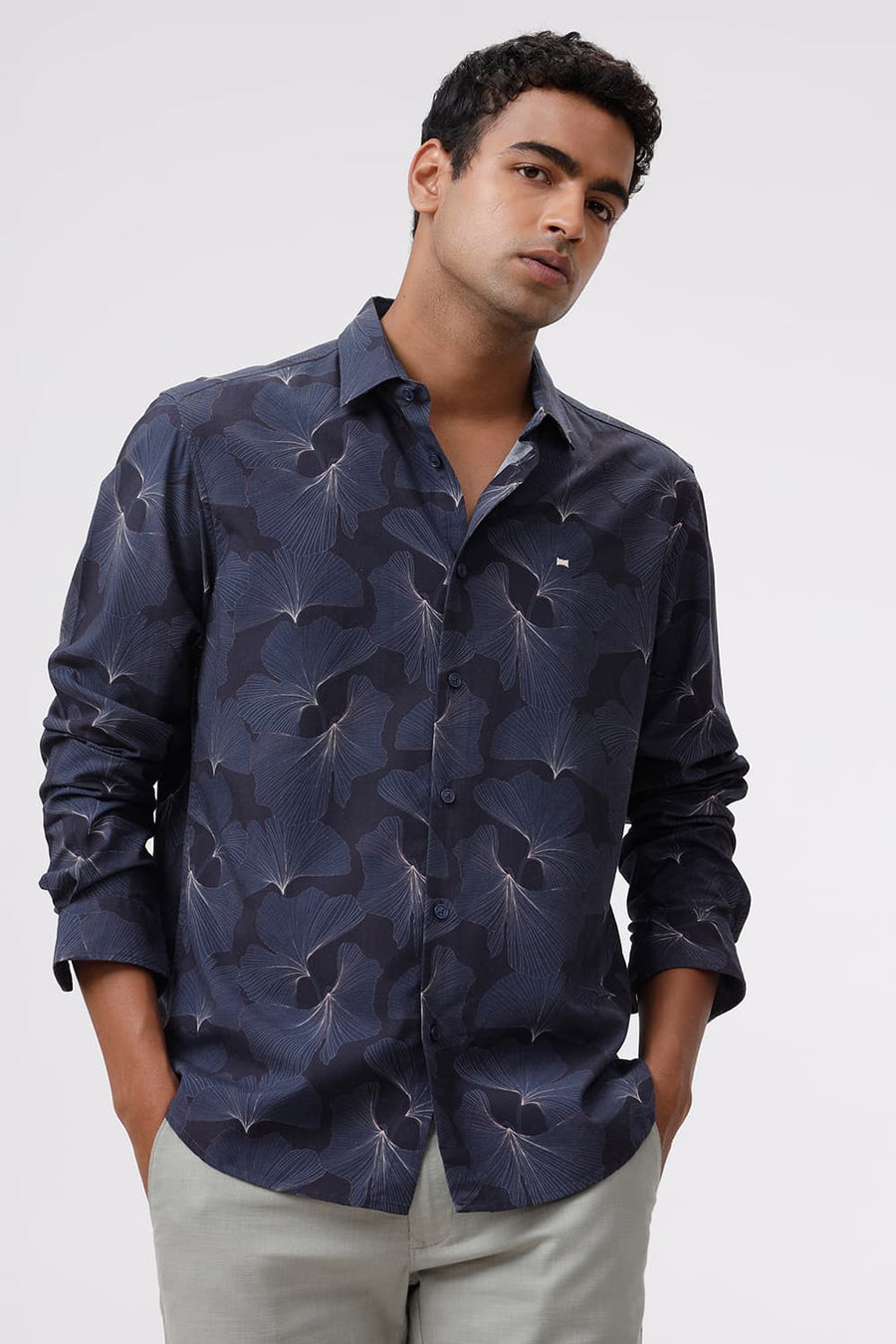 BASICS SLIM FIT SPACE NAVY COTTON VISCOSE DIGITAL PRINTED SHIRT