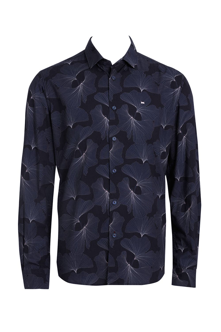 BASICS SLIM FIT SPACE NAVY COTTON VISCOSE DIGITAL PRINTED SHIRT