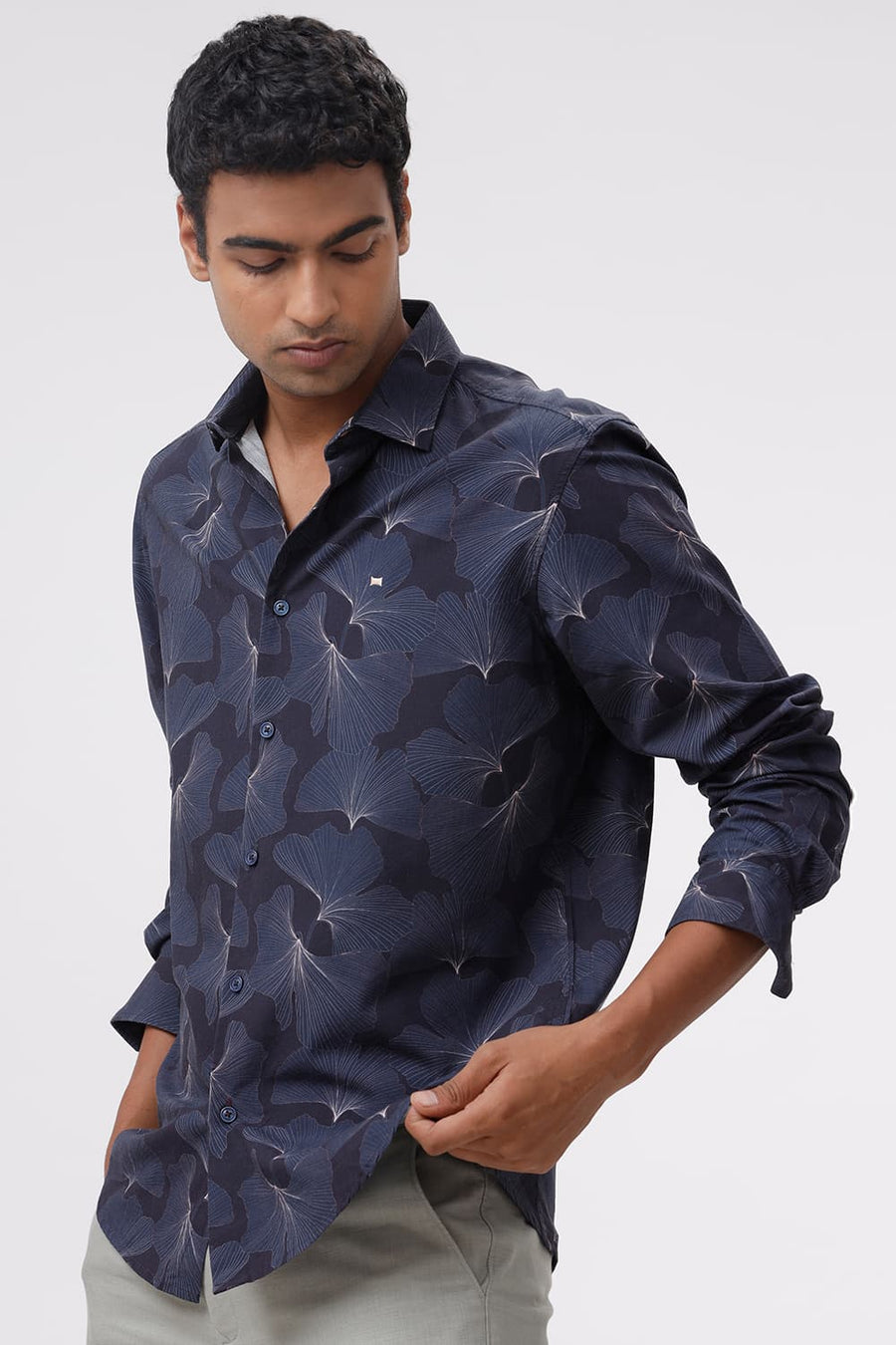 BASICS SLIM FIT SPACE NAVY COTTON VISCOSE DIGITAL PRINTED SHIRT