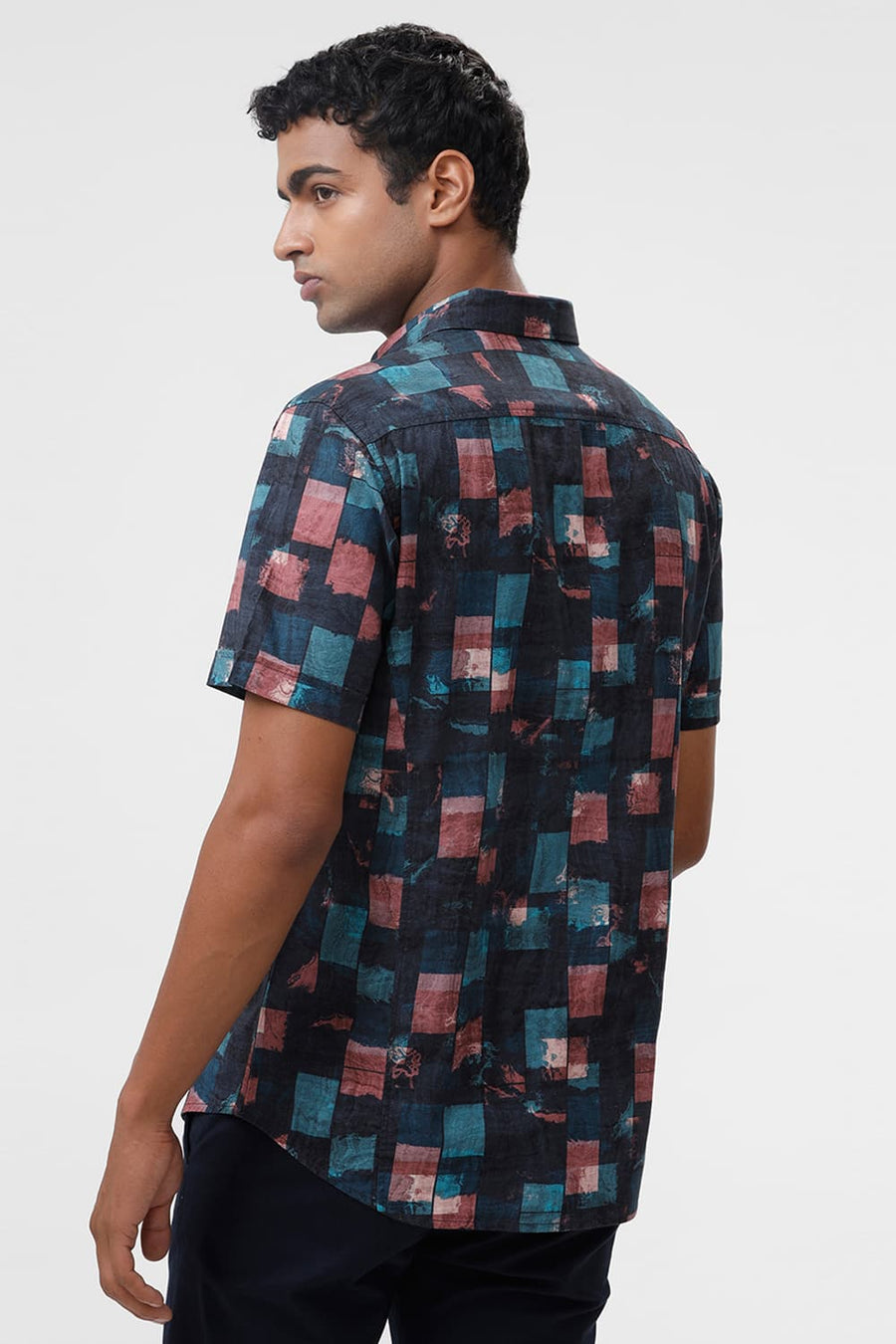 BASICS SLIM FIT TEAL TIDE COTTON VISCOSE DIGITAL PRINTED HALFSLEEVES SHIRT