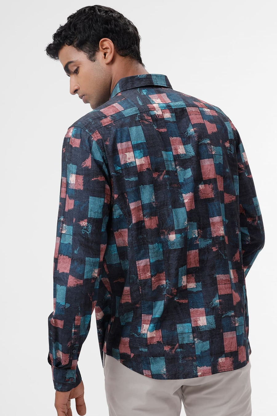 BASICS SLIM FIT TEAL TIDE COTTON VISCOSE DIGITAL PRINTED SHIRT