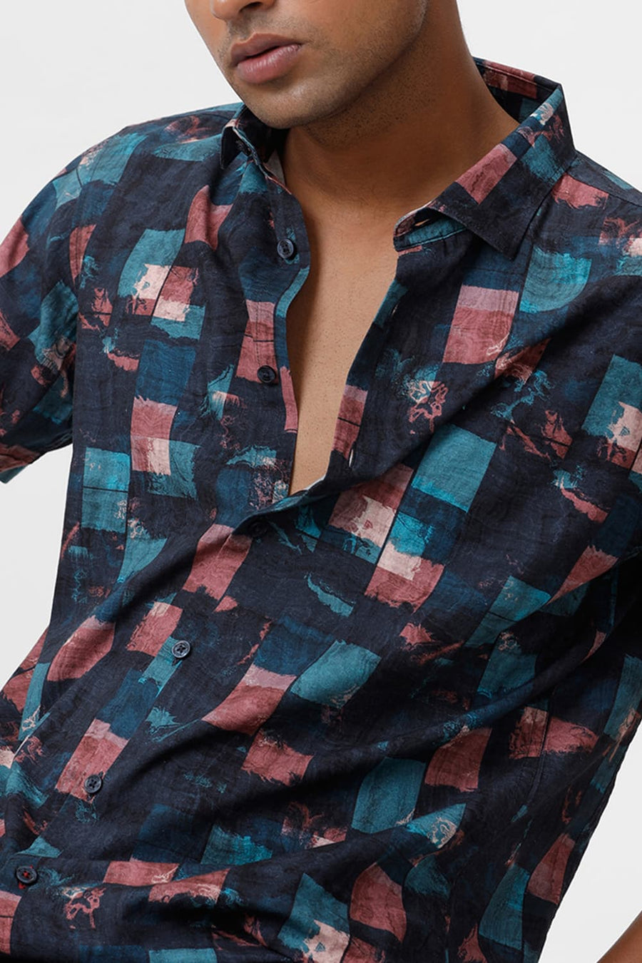 BASICS SLIM FIT TEAL TIDE COTTON VISCOSE DIGITAL PRINTED HALFSLEEVES SHIRT