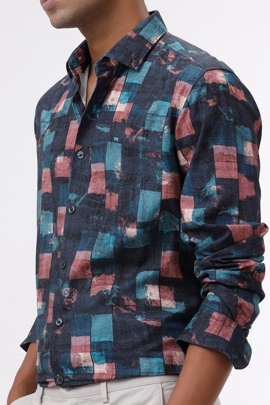BASICS SLIM FIT TEAL TIDE COTTON VISCOSE DIGITAL PRINTED SHIRT